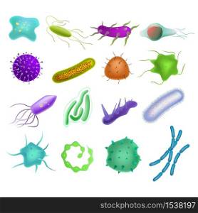 Cartoon viruses and bacteria icons under the microscope. Isolated bacteria of different shapes.. Cartoon viruses and bacteria icons under the microscope.