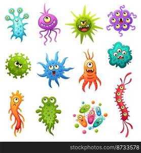 Cartoon viruses. Germs virus character, funny bacteria types. Sick or flu microbes, evil and cute colorful garish monsters. Isolated medical vector set. Character funny bacteria creature illustration. Cartoon viruses. Germs virus character, funny bacteria types. Sick or flu microbes, evil and cute colorful garish monsters. Isolated medical vector set