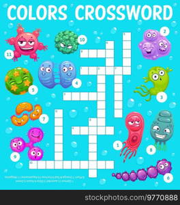 Cartoon viruses, microbes and germs crossword worksheet, find a word quiz game with pathogen cells. Vector search puzzle riddle for children education and learning activity. Crossword test. Cartoon viruses, microbes and germs crossword