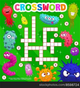 Cartoon viruses, microbes, germs and bacteria crossword grid worksheet. Find a word quiz game, kids vocabulary playing activity or child logical vector riddle, children text game with microorganisms. Cartoon viruses and microbes crossword worksheet