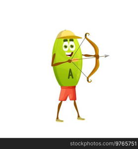 Cartoon vitamin A archer character, isolated vector retinol sportsman shoot with bow. Archery competition, nutrient green happy bubble shooting and aiming to target with arrow. Kids health care, sport. Cartoon vitamin A archer character, vector retinol