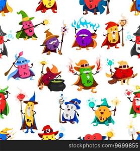 Cartoon vitamin and micronutrient wizard characters seamless pattern. Vector tile background with food supplements capsules mage and sorcerer personages with magical pots, wands and staffs cast spells. Cartoon vitamin wizard characters seamless pattern