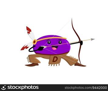 Cartoon vitamin D Indian character or native American warrior, vector kids mascot. Funny cute vitamin D Indian chief with arrow and bow archery in feather tribal headdress, Apache or Cherokee archer. Cartoon vitamin D Indian character, archer warrior