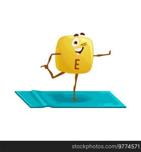 Cartoon vitamin E character, tocopherol personage on yoga. Vector cheerful micronutrient capsule stand on mat in yogi pose on one leg and wink eye. Funny comic food supplement at wellness class. Cartoon vitamin E character, tocopherol personage