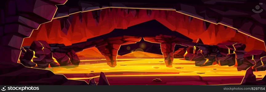 Cartoon volcano cave with lava flow inside. Vector cartoon illustration of underground hell landscape, dangerous stone bridge across hot magma river, rocky mountain walls. Adventure game background. Cartoon volcano cave with lava flow inside