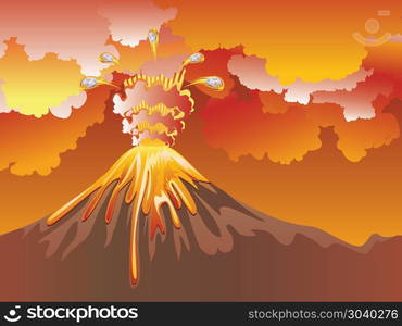 Cartoon Volcano Eruption. Illustration of cartoon volcano eruption with hot lava.