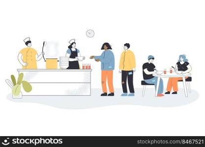 Cartoon volunteers cooking food for homeless people in shelter. Poor characters eating in refectory at night flat vector illustration. Charity, support concept for website design or landing web page