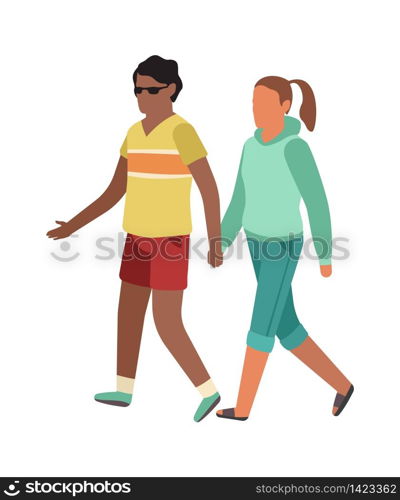 Cartoon walking couple. Romantic family in park, man and woman holding hands together flat vector illustration. Cartoon walking couple. Romantic family in park, man and woman holding hands flat vector illustration