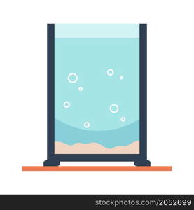 Cartoon water tank. Empty aquarium on table with air bubbles and sand bottom. Square clear fishbowl. Isolated interior furniture for aquatic swimming pets. Vector blank glass cube full of freshwater. Cartoon water tank. Empty aquarium on table with air bubbles and sand. Square clear fishbowl. Interior furniture for aquatic swimming pets. Vector blank glass cube full of freshwater