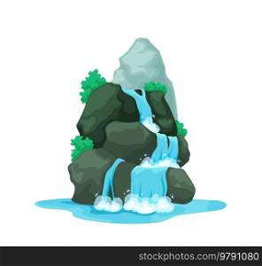 Cartoon waterfall and water cascade, nature landscape of mountain river. Isolated vector waterfall cascade on tropical island rock or forest lake with falling water, game GUI. Cartoon waterfall, water cascade, nature landscape