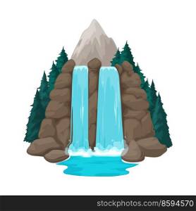 Cartoon waterfall element of nature landscape for game asset web design. Vector cliff with aqua cascade flow, mountain and forest scenery. Two water streams falling from rocks and stones