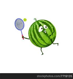 Cartoon watermelon fruit playing tennis vector icon, funny sportsman character doing sport exercises isolated on white background. Healthy food, sports lifestyle, organic nutrition symbol. Cartoon watermelon fruit play tennis vector icon