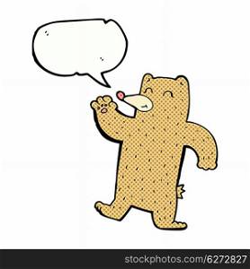 cartoon waving bear with speech bubble