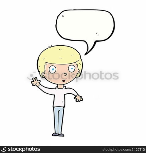 cartoon waving boy with speech bubble