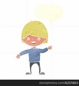 cartoon waving boy with speech bubble