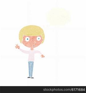 cartoon waving boy with thought bubble