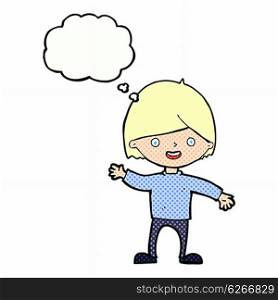 cartoon waving boy with thought bubble