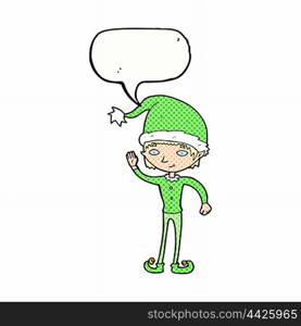 cartoon waving christmas elf with speech bubble