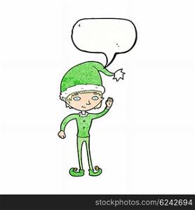 cartoon waving christmas elf with speech bubble