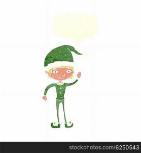 cartoon waving christmas elf with speech bubble