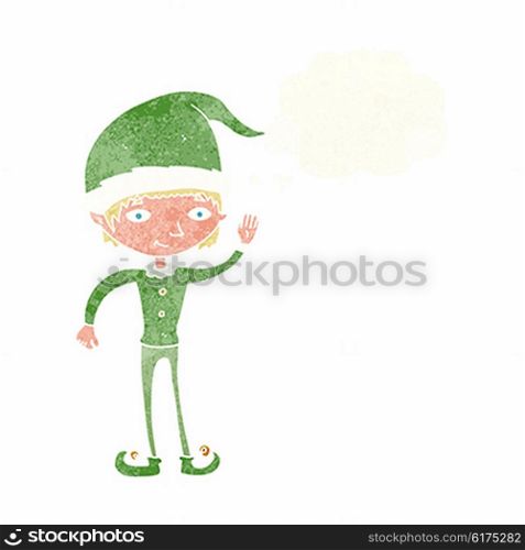 cartoon waving christmas elf with thought bubble