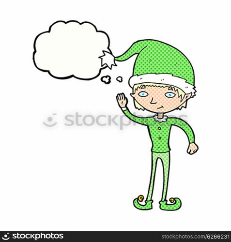 cartoon waving christmas elf with thought bubble