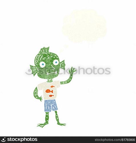 cartoon waving fish boy with thought bubble