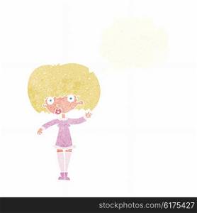 cartoon waving girl with thought bubble