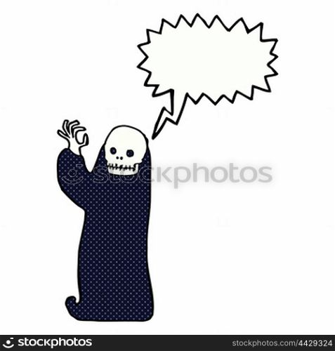 cartoon waving halloween ghoul with speech bubble