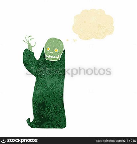 cartoon waving halloween ghoul with thought bubble