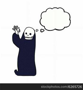 cartoon waving halloween ghoul with thought bubble