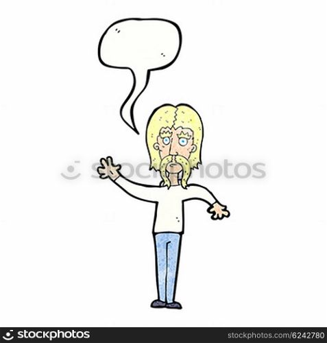 cartoon waving man with mustache with speech bubble