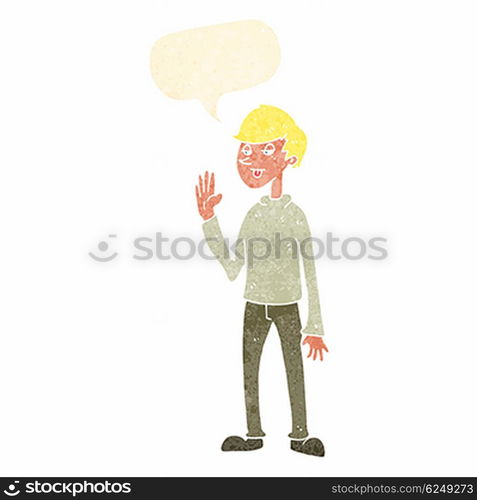 cartoon waving man with speech bubble