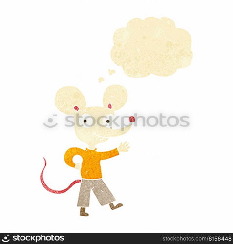 cartoon waving mouse with thought bubble