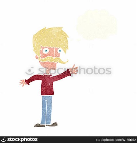 cartoon waving mustache man with thought bubble