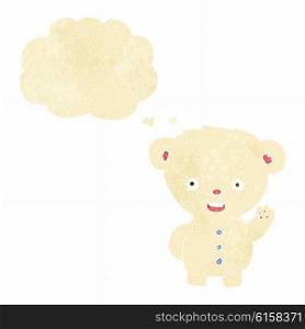cartoon waving polar bear cub with thought bubble
