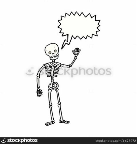 cartoon waving skeleton with speech bubble