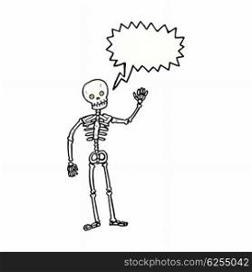 cartoon waving skeleton with speech bubble