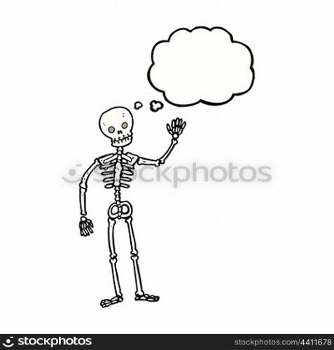 cartoon waving skeleton with thought bubble
