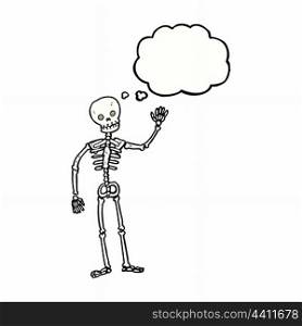 cartoon waving skeleton with thought bubble