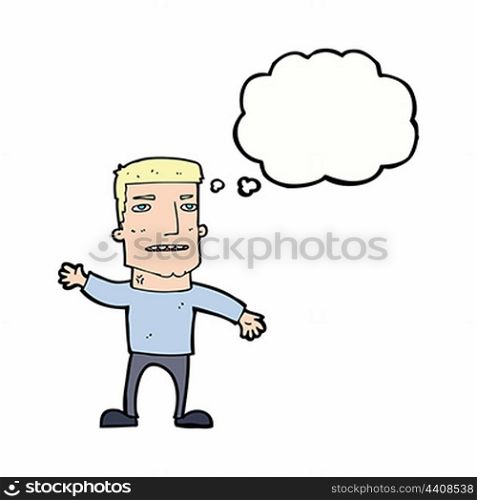 cartoon waving stressed man with thought bubble