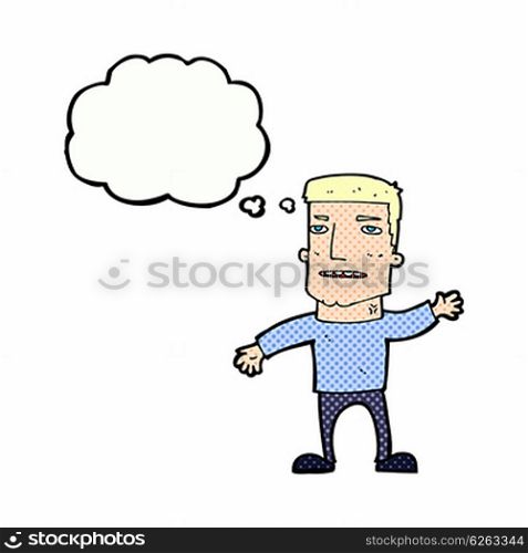cartoon waving stressed man with thought bubble