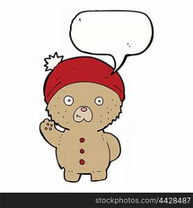 cartoon waving teddy bear in winter hat with speech bubble