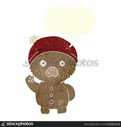 cartoon waving teddy bear in winter hat with speech bubble