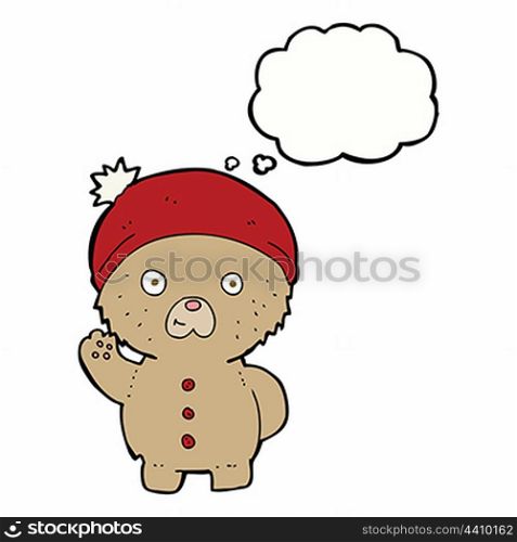 cartoon waving teddy bear in winter hat with thought bubble