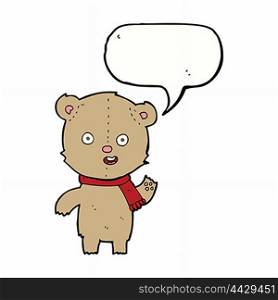 cartoon waving teddy bear with scarf with speech bubble