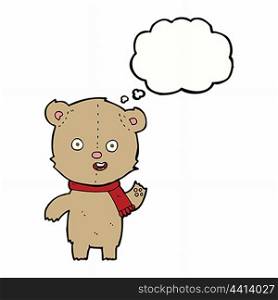 cartoon waving teddy bear with scarf with thought bubble