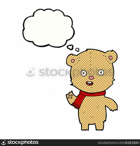 cartoon waving teddy bear with scarf with thought bubble