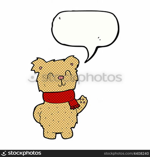 cartoon waving teddy bear with speech bubble