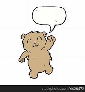cartoon waving teddy bear with speech bubble